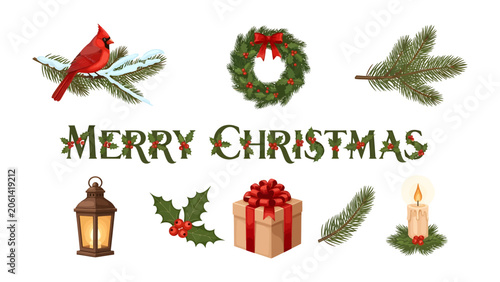 Foto Christmas Holiday Elements: A festive collection of holiday icons, including a cardinal on a snowy branch, a decorated wreath, pine sprigs, a lantern, holly, a gift box, and a candle