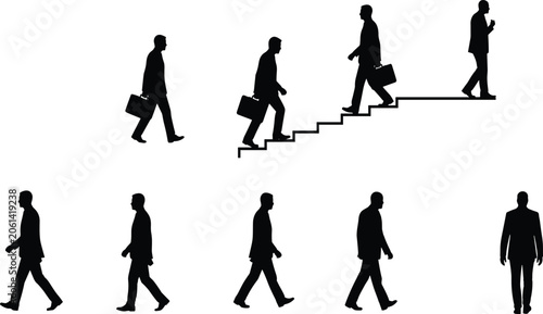 Businessmen silhouettes, walking executive manager carrying briefcase, climbing stairs of success, career growth development concept vector icon set, isolated background