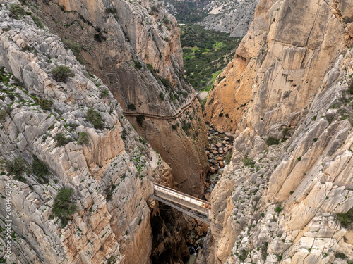 Caminito del Rey walking trail, Kings little pathway, Aerial Drone views of El Chorro Gorge, Ardales, Malaga, Spain.