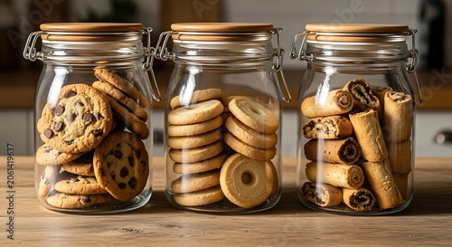 Three glass jars filled with assorted cookies on a table illustration