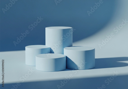 Four light blue cylindrical pedestals on a light blue surface with dramatic shadows, minimalist product display stage, abstract background.
