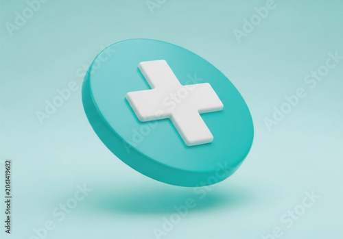 Minimalist turquoise circular 3d icon with white cross symbol isolated on soft pastel background for healthcare medical clinic or pharmacy branding web design.