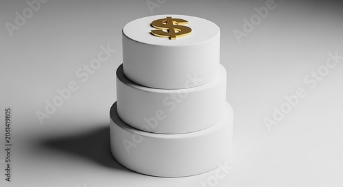 Three tiered white platform with a golden dollar sign illustration