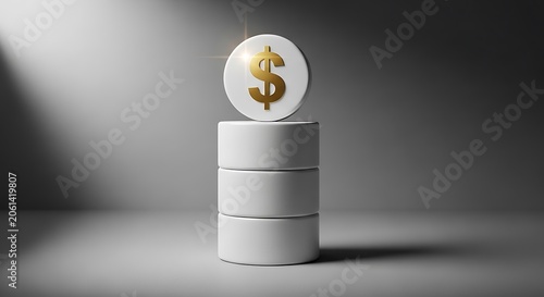 Gold dollar sign on top of white stacked round pedestals illustration