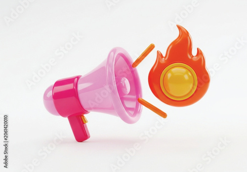 Pink plastic megaphone loudspeaker with fire flames icon floating nearby on clean light background concept for hot deals breaking news marketing announcement.