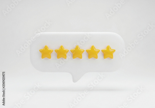 White speech bubble containing five golden stars rating icon isolated on plain background concept for customer service review feedback satisfaction assessment.