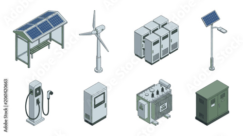 Set of isometric icons representing renewable energy and electrical infrastructure elements.