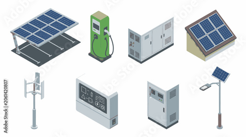 Schilderij op canvas Collection of isometric icons representing renewable energy and technology infrastructure