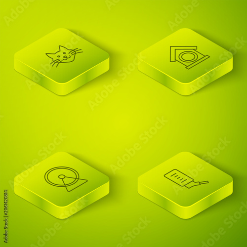 Set Isometric line Dog house, Hamster wheel, Drinker for small pets and Cat icon. Vector