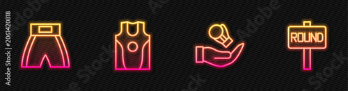 Set line Boxing glove, short, jersey and t-shirt and ring board. Glowing neon icon. Vector