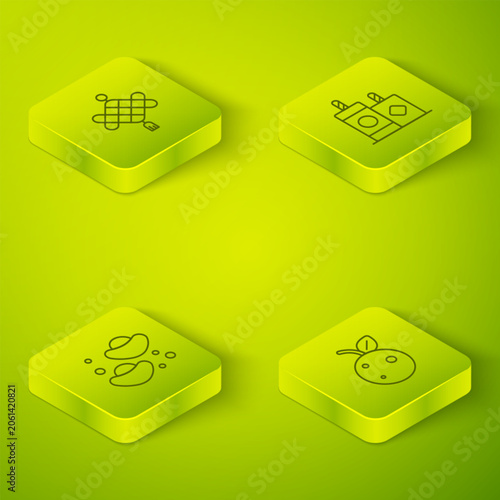 Set Isometric line Firework, Chinese fortune cookie, Peach fruit nectarine and paper lantern icon. Vector