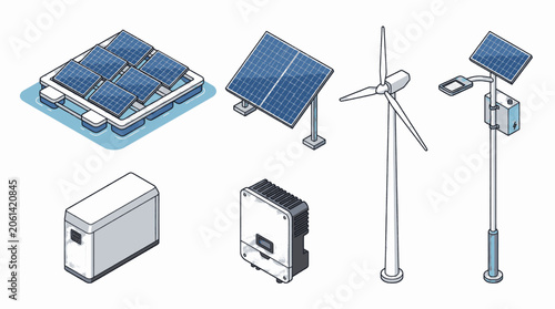 Set of isometric illustrations depicting renewable energy sources and equipment for sustainable power generation.