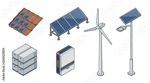 Isometric illustration of renewable energy sources including solar panels, wind turbine, and battery storage.