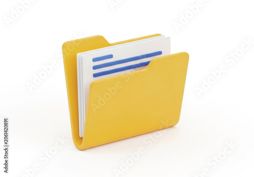 Yellow folder containing white paper documents featuring blue stripes isolated on white background high quality 3d render for business and administrative use.