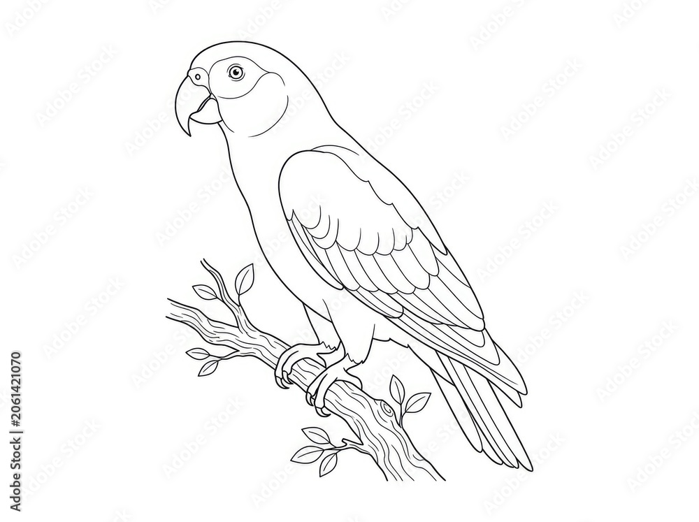 Fototapeta premium A gray parrot perches on a tree branch. The bird is looking directly at the viewer.