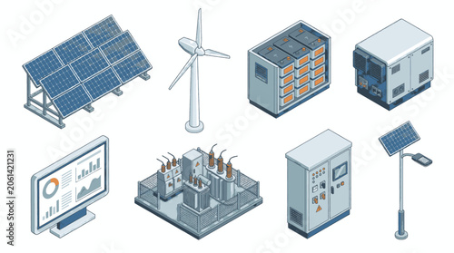 Collection of isometric renewable energy and power generation equipment icons.