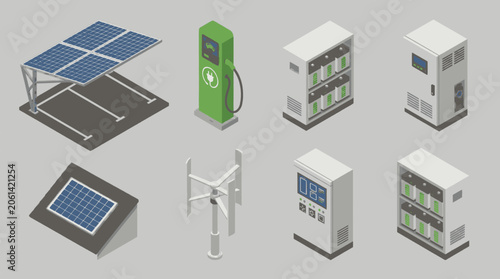 Set of isometric icons representing renewable energy sources and infrastructure for sustainable power generation and distribution.