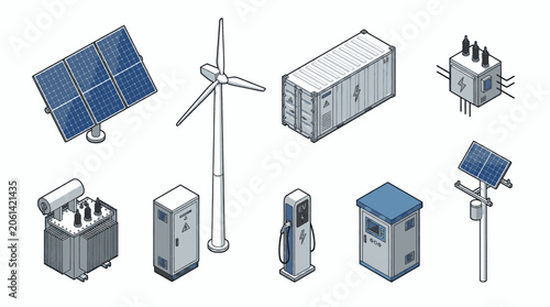 Set of isometric illustrations depicting renewable energy and electrical infrastructure components.