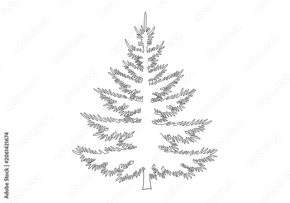 Fototapeta premium A minimalist line drawing depicts a Christmas tree. The tree is composed of a series of delicate, curving lines that create the shape of a fir tree.