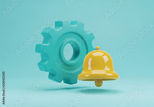 Vibrant 3D rendering of a turquoise gear and a glossy yellow bell, symbolizing settings, notifications, alerts, and system configuration.