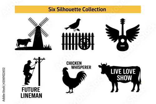 Schilderij op canvas Collection of six diverse rustic farm and rural life silhouette vector design el