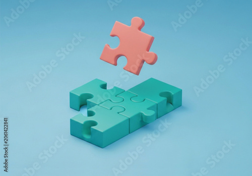 Three interconnected teal puzzle pieces on a flat surface with a floating coral puzzle piece above, symbolizing teamwork, problem-solving, and integration.