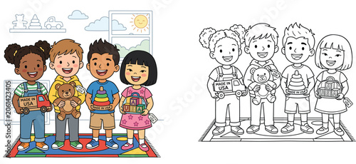 Schilderij op canvas Diverse happy children holding toys with Made in USA labels, colored cartoon illustration and black and white coloring page line art version for kids