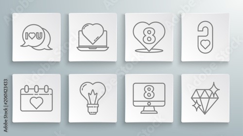 Set line Calendar with 8 March, Online dating app and chat, Heart shape light bulb, on monitore, Diamond, Please do not disturb heart and Speech bubble I love you icon. Vector