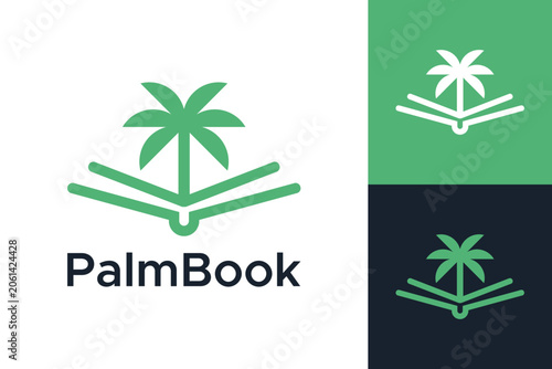 Open book logo design vector template with a palm tree. Icon for inspiration, reading, and travel.