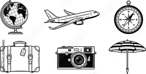 Fotografi Black and white illustration of travel icons including globe, airplane, compass,