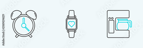 Foto Set line Coffee machine with glass pot, Alarm clock and Smart watch showing heart beat rate icon