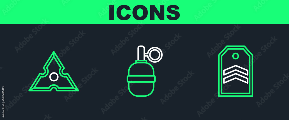 Obraz premium Set line Chevron, Japanese ninja shuriken and Hand grenade icon. Vector