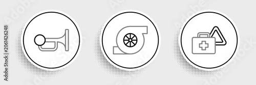 Bild auf Leinwand Set line First aid kit and warning triangle, Signal horn on vehicle and Automotive turbocharger icon