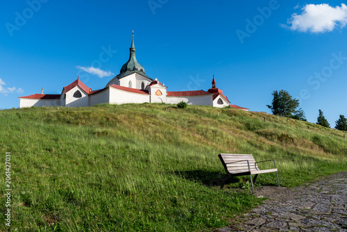 Pilgrimage Church of Saint John of Nepomuk on Zelená Hora, Žďár nad Sázavou with Fresh Green Meadow in Summer