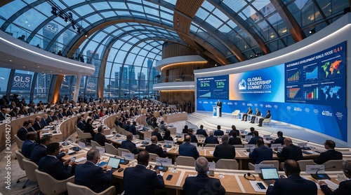Large conference room with people sitting at curved desks, speaker on stage and big screen display