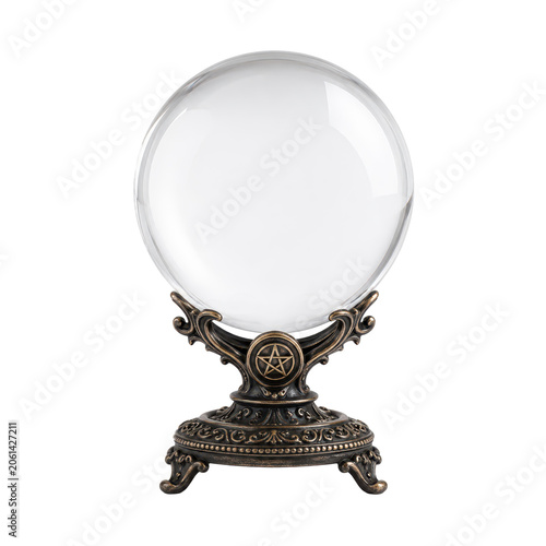 Φωτογραφία Mystical crystal ball on an ornate antique stand isolated on a white background,