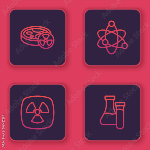 Set line Test tube with toxic liquid, Radioactive, Atom and . Blue square button. Vector