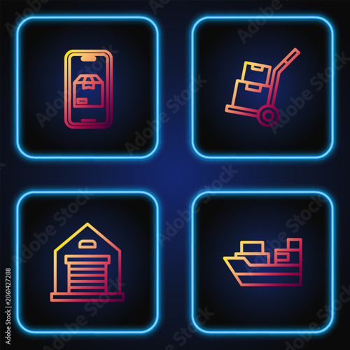 Set line Cargo ship with boxes delivery, Warehouse, Mobile app tracking and Hand truck and. Gradient color icons. Vector