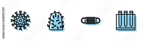 Set line Medical protective mask, Virus, Rabies virus and Blood test and icon. Vector