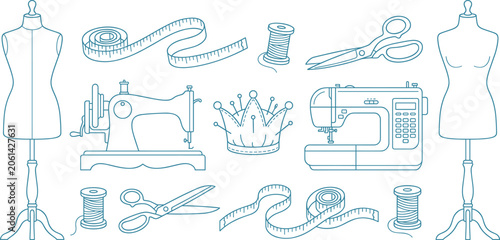 Photos Sewing and tailoring line vector icons set with mannequin sewing machine scissors measuring tape pincushion and thread spools