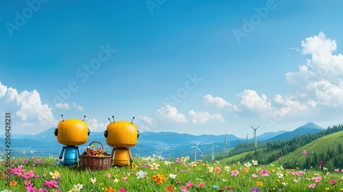 Two Cute Robots Enjoying a Colorful Flower Field Under a Bright Blue Sky