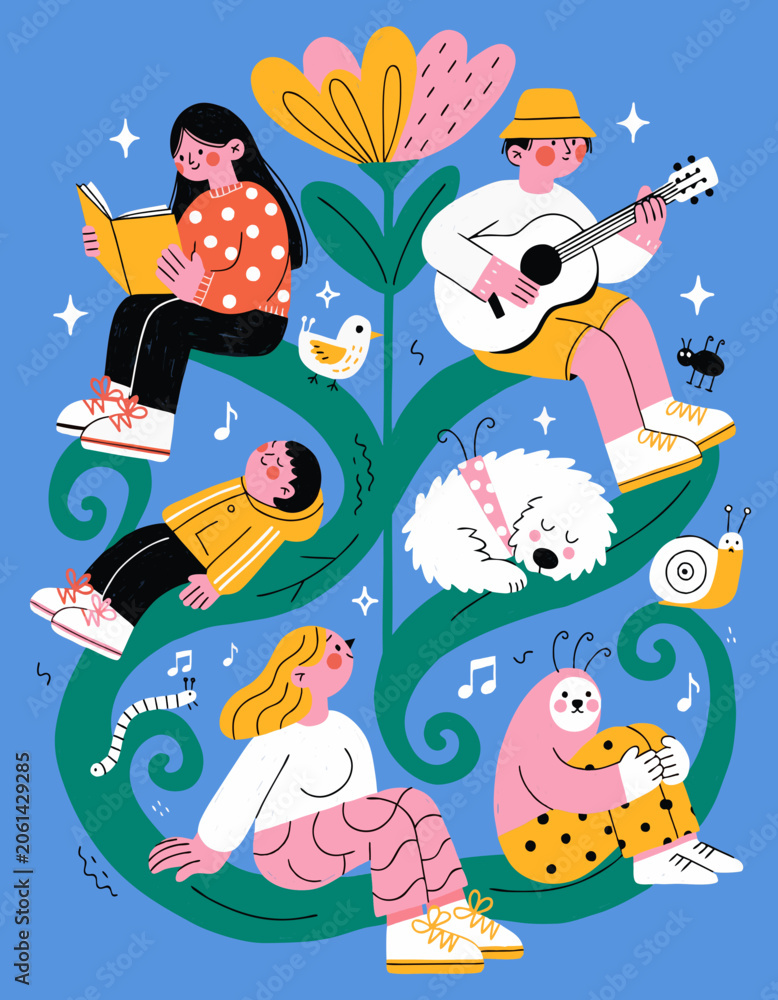 Naklejka premium Diverse group of friends relaxing outdoors in surreal garden environment with lifestyle community illustration colorful whimsical relaxation creative character together friendship activity