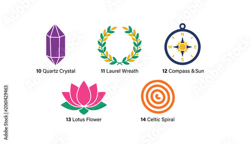 Colorful vector icons set with crystal, wreath, compass, lotus, and spiral designs.