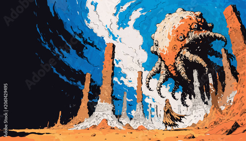 Surreal sci-fi scene featuring a giant octopus entity floating above desert pillars and a lone cloaked wanderer sci fi wanderer creature floating landscape monstrous traveler mysterious