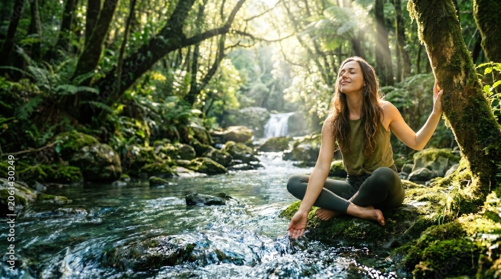 Fototapeta premium Peaceful woman meditating in lotus position on a rock by a forest river waterfall.