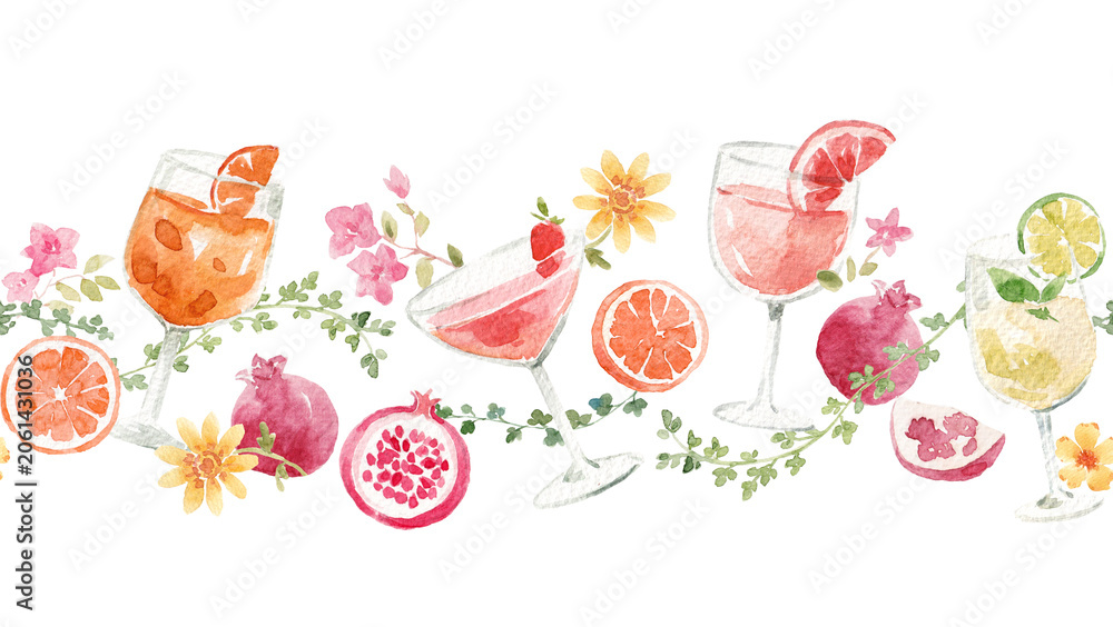 Naklejka premium Watercolor Seamless Horizontal Pattern with Cocktails and Fruits