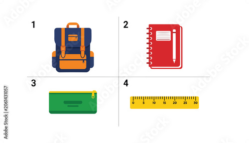 Colorful school supplies including backpack, notebook, pencil case, and ruler.