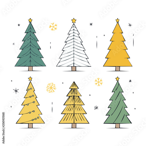 Set of six Christmas trees with snowflakes and stars