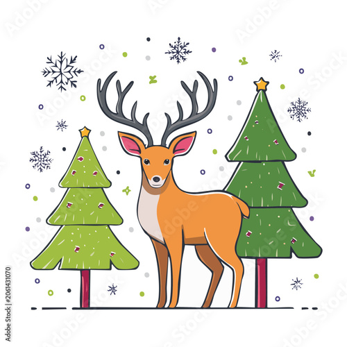 Reindeer and Christmas trees with snowflakes