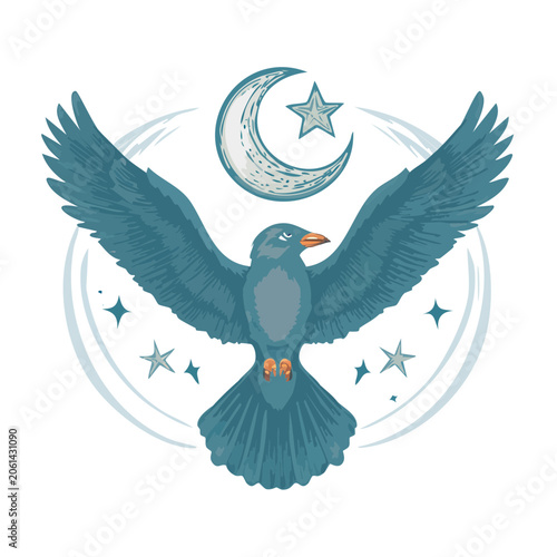 Teal Eagle with Crescent Moon and Star Illustration